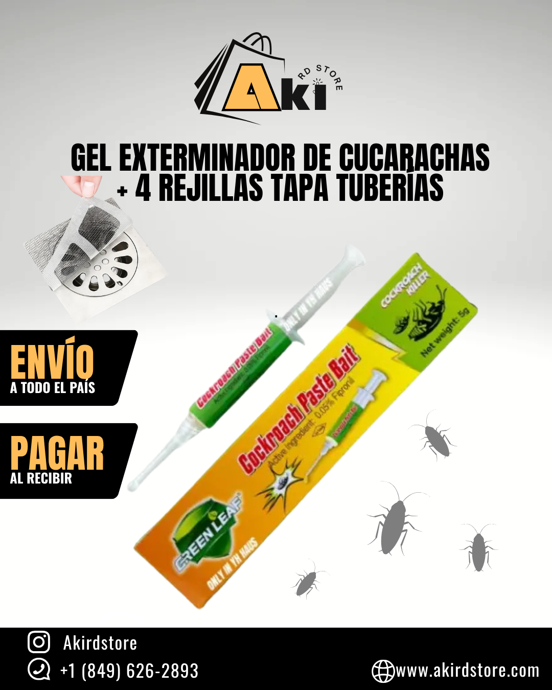 Gel Exterminador de Cucarachas + 4 Rejillas Tapa Tuberías