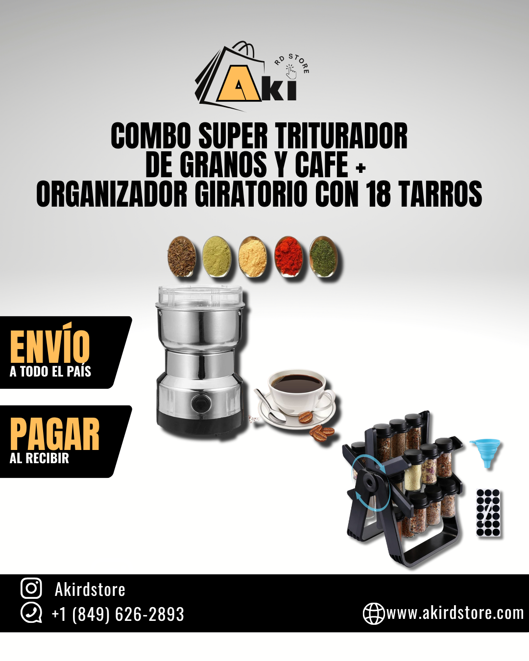 COMBO Super Triturador de Granos y Cafe + Organizador Giratorio con 18 tarros
